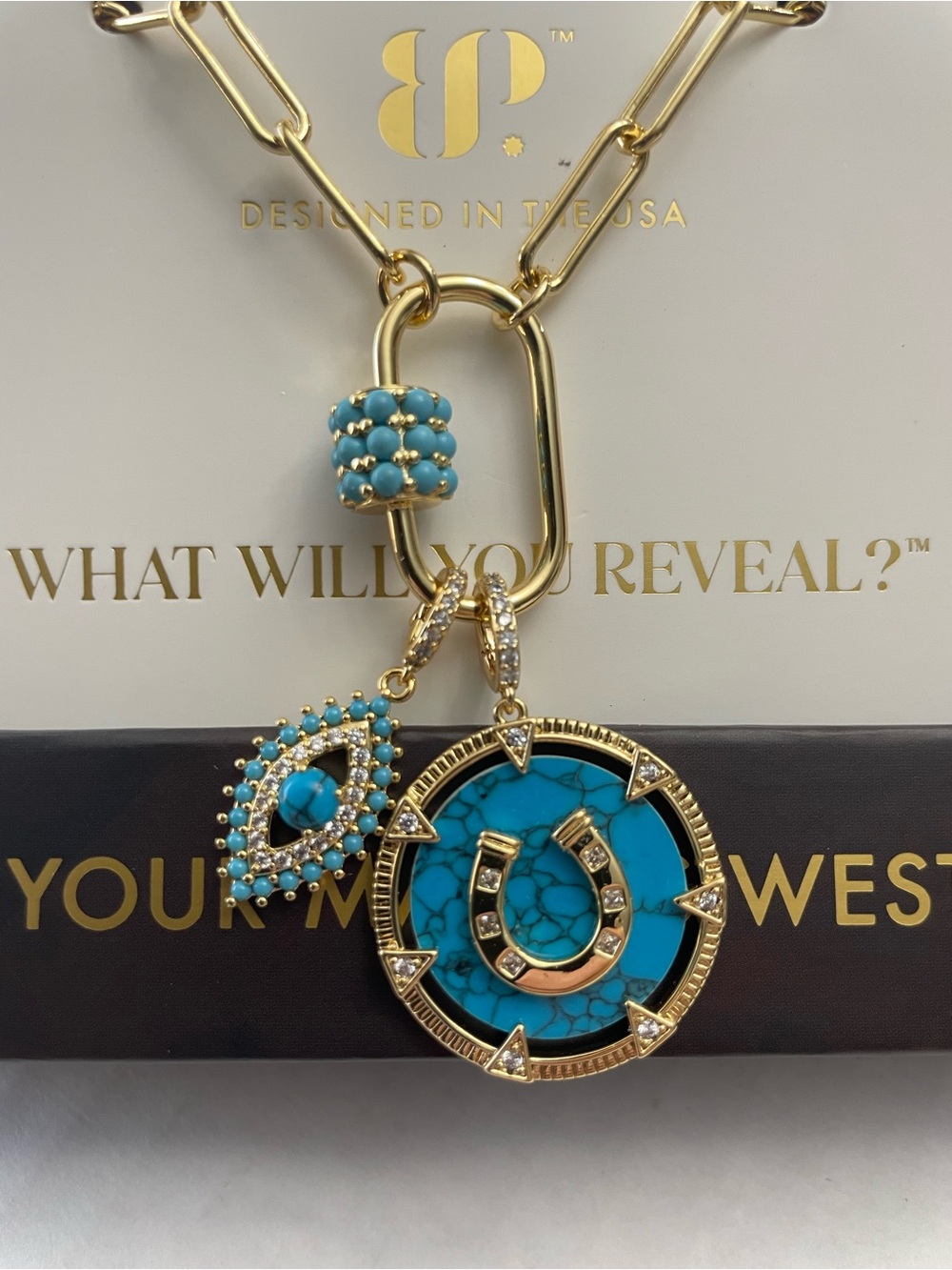 Bomb Party Outlaw Necklace NK66202- “I Run This” Gold/Turquoise NIB